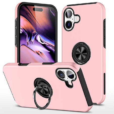iPhone 16 Plus Compatible Case Cover With Shockproof Magnetic Ring Holder - Pink