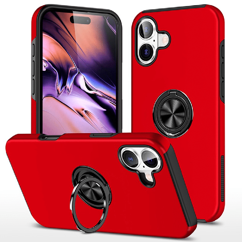 iPhone 16 Plus Compatible Case Cover With Shockproof Magnetic Ring Holder - Red