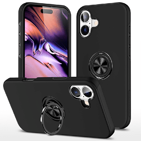 iPhone 16 Plus Compatible Case Cover With Shockproof Magnetic Ring Holder - Black