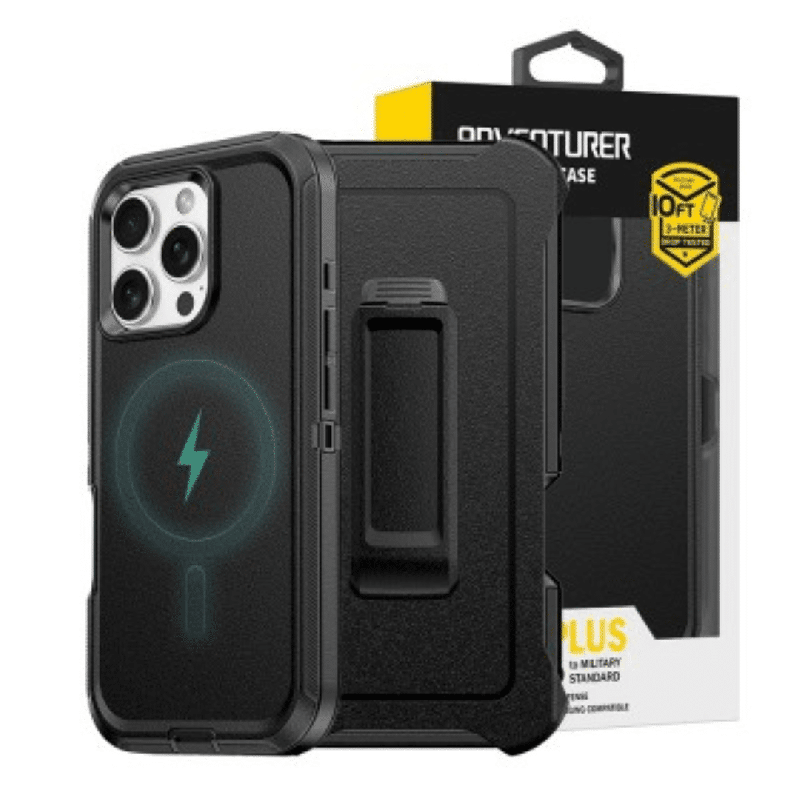 iPhone 16 Pro Max Compatible Case Cover With Belt Clip And Shockproof Robot Armor Hard Plastic With Magsafe Technology - Black