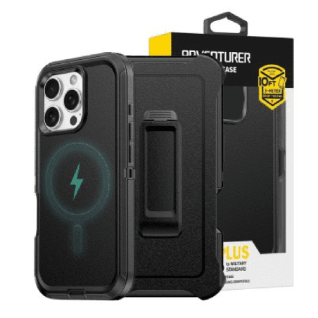 iPhone 16 Pro Max Compatible Case Cover With Belt Clip And Shockproof Robot Armor Hard Plastic With Magsafe Technology - Black