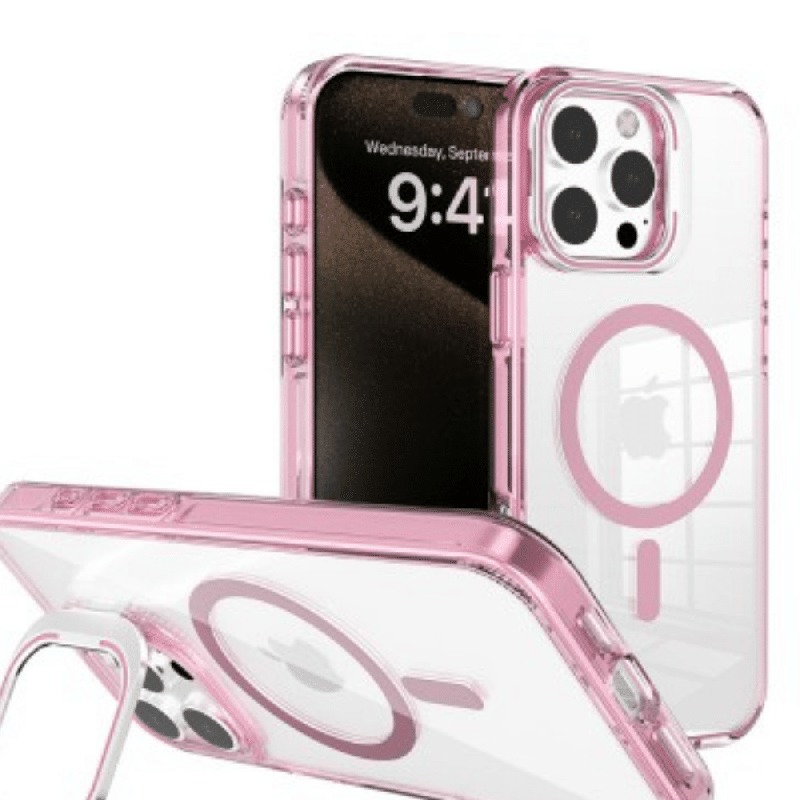 iPhone 16 Pro Max Compatible Case Cover With Transparent Lens Flip Stand With Magsafe Technology - Pink