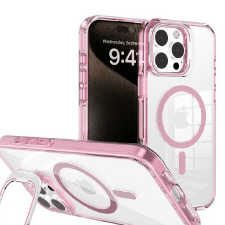 iPhone 16 Pro Max Compatible Case Cover With Transparent Lens Flip Stand With Magsafe Technology - Pink