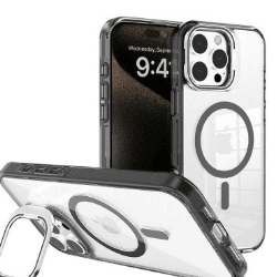 iPhone 16 Pro Max Compatible Case Cover With Transparent Lens Flip Stand With Magsafe Technology - Black