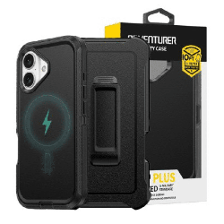 iPhone 16 Compatible Case Cover With Shockproof Robot Armor Hard Plastic and Belt Clip Compatible With Magsafe Technology - Blac