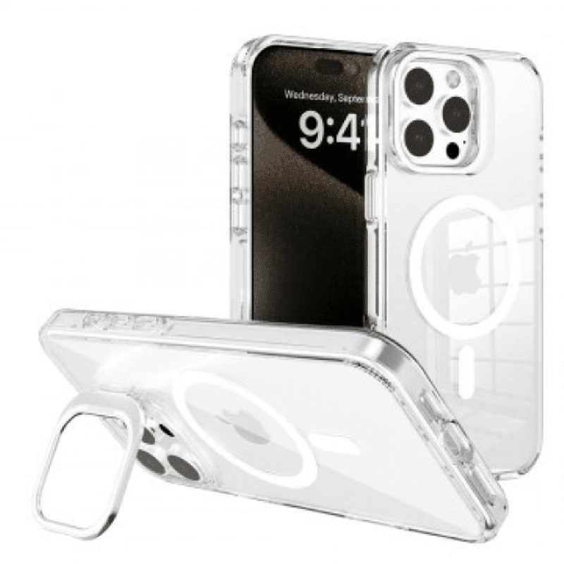 iPhone 16 Plus Compatible Case Cover With Transparent Lens Flip Stand With Magsafe Technology - White