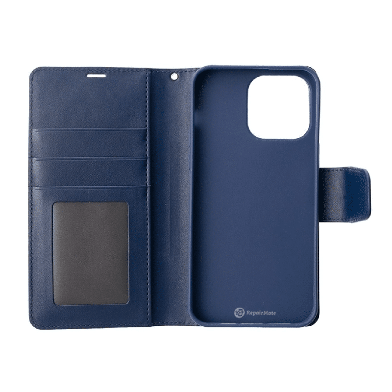 iPhone 16 Pro Max Compatible Case Cover With PU Flip Leather Wallet - Navy