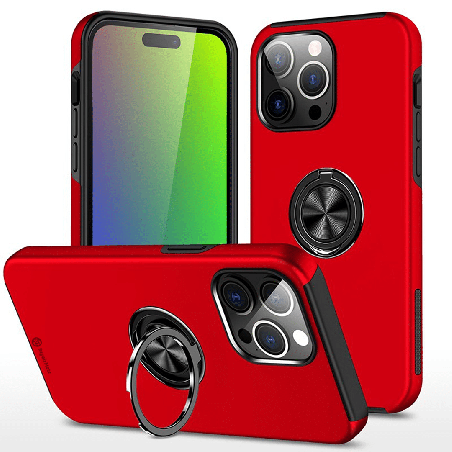 iPhone 15 Pro Anti-Shock Magnetic Ring Holder Case Cover: Full 360° Protection With Magnetic Adhesion For Fall Prevention - Red