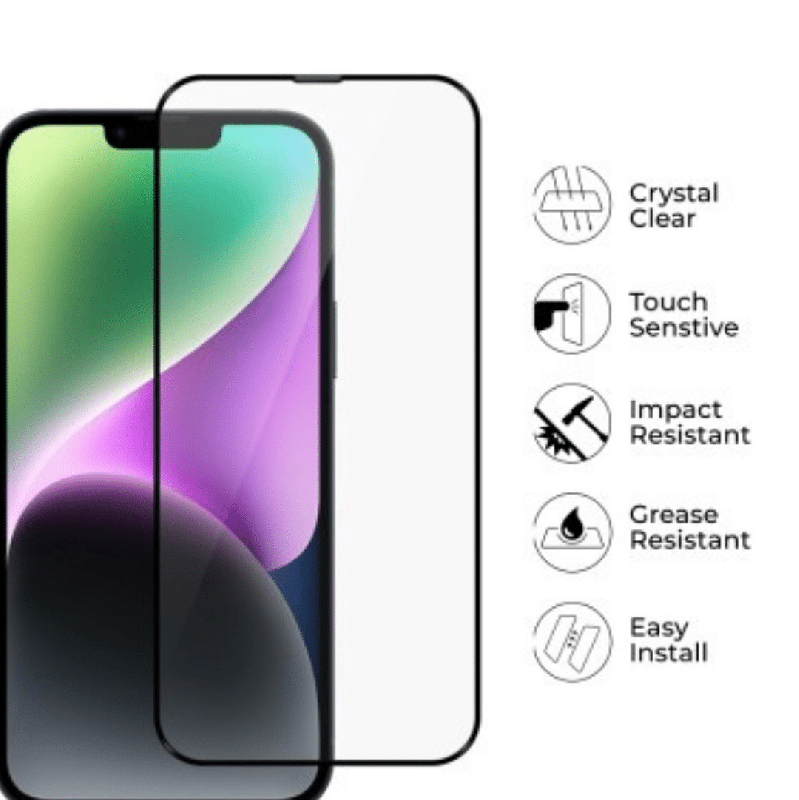 iPhone 14 High-Quality Tempered Glass Screen Protector Full-Screen Coverage, Black Edge, Scratch & Stain-Resistant, Tough, HD Cl