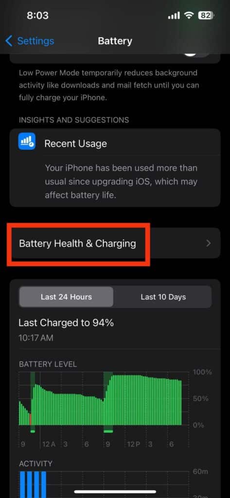 battery health and charging on iPhone