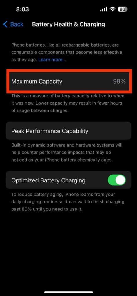 checking maximum battery capacity on iPhone
